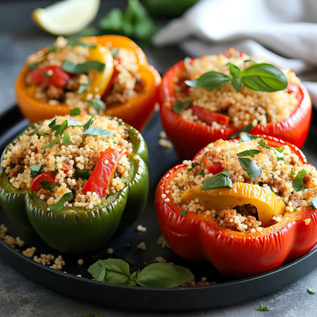 Mediterranean Stuffed Bell Peppers with Ground Turkey and Couscous.  Food Illustrationの素材