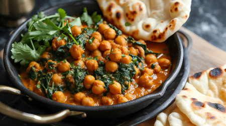 Vegetarian Chickpea and Spinach Curry with Naan Bread. Food Illustrationの素材