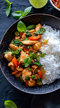 Thai Basil Chicken Stir-Fry with Jasmine Rice. Food Illustrationの素材