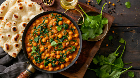 Vegetarian Chickpea and Spinach Curry with Naan Bread. Food Illustrationの素材
