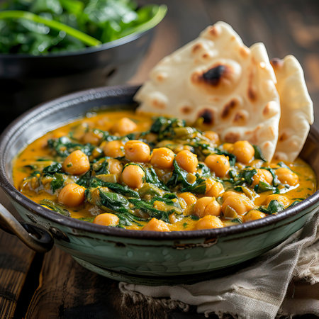 Vegetarian Chickpea and Spinach Curry with Naan Bread. Food Illustrationの素材