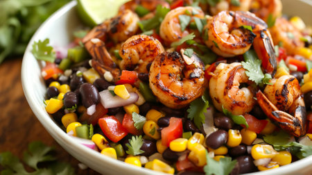 Southwestern Black Bean and Corn Salad with Grilled Shrimp. Food Illustrationの素材