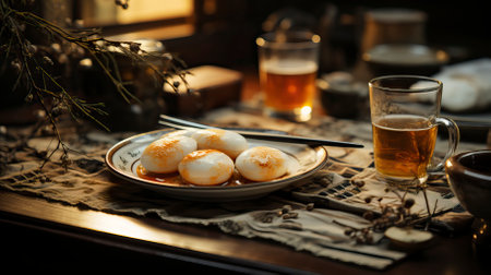 fried eggs and lantern on the table in the style.. Food Illustrationの素材