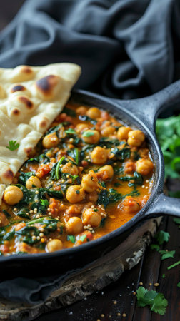 Vegetarian Chickpea and Spinach Curry with Naan Bread. Food Illustrationの素材