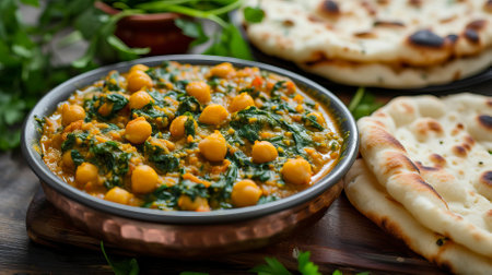 Vegetarian Chickpea and Spinach Curry with Naan Bread. Food Illustrationの素材