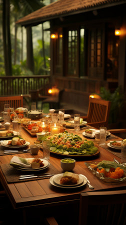 Various spicy and savory snacks are placed on a banana. Indian Foodの素材