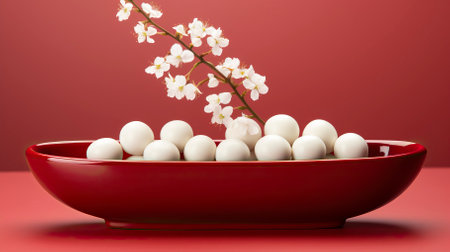 white cake in red bowl red lantern in the style of luminous. chinese Foodの素材