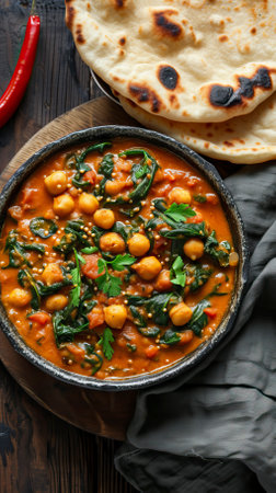 Vegetarian Chickpea and Spinach Curry with Naan Bread. Food Illustrationの素材