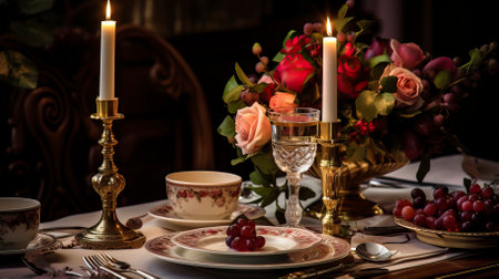 Festive table setting with plates, candles and floral bouquet. Food Illustrationの素材