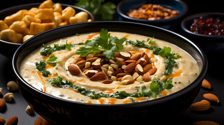 Mashed potato served with cashew nuts and curry in the styleの素材