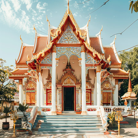Thai temple with blue sky, Thailand. Vintage color tone.の素材