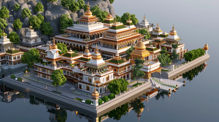 Temple on the bank of the river. 3D rendering.の素材