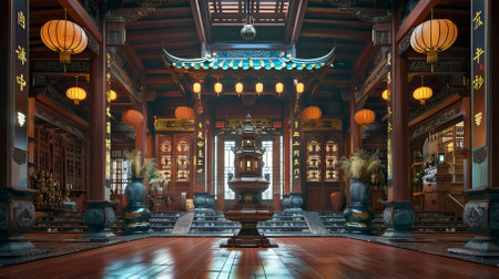 3D CG rendering of Chinese ancient temple with lanterns and decorationsの素材