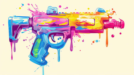 Vector illustration of a water gun with colorful paint splashes on a yellow background
