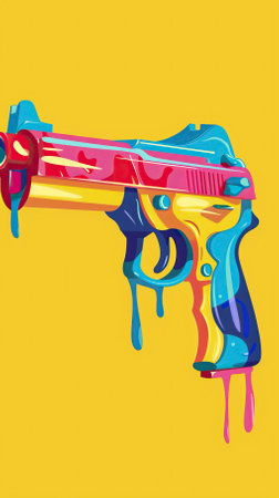 Illustration of a colorful gun on a yellow background with dripping paintのイラスト素材