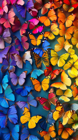 Many colorful butterflies on a blue background. Colorful background of butterflies.のイラスト素材