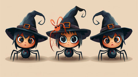 Halloween cartoon vector illustration of a group of little spiders wearing witch costume.のイラスト素材