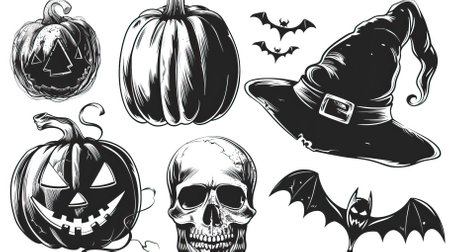 Halloween pumpkins.Vector set of black and white illustrations.のイラスト素材