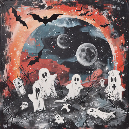Halloween background with ghost, moon and bats. Illustration.のイラスト素材