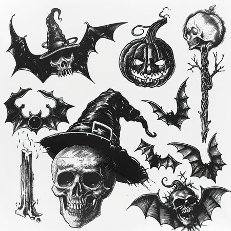 Halloween set with skull, bat, spider and other elements.のイラスト素材