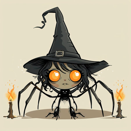 Halloween spider with a witch hat and a candle. Vector illustration.のイラスト素材