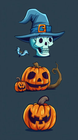 Set of Halloween pumpkins with witch hat and skull. Vector illustration.のイラスト素材