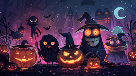 Halloween night background with scary pumpkins and bats. Vector illustration.のイラスト素材