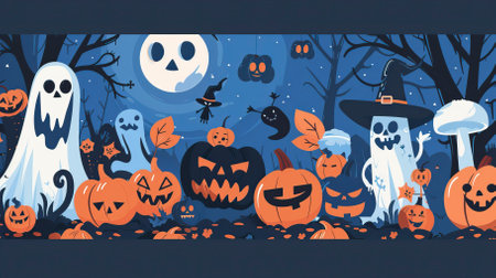 Halloween vector background with pumpkin, ghost, ghost and other scary elements.のイラスト素材
