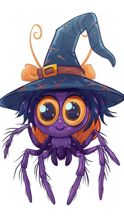Halloween spider with witch hat on white background illustration. Vector illustration.のイラスト素材