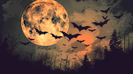 Halloween background with full moon and flying bats. Halloween illustration.のイラスト素材