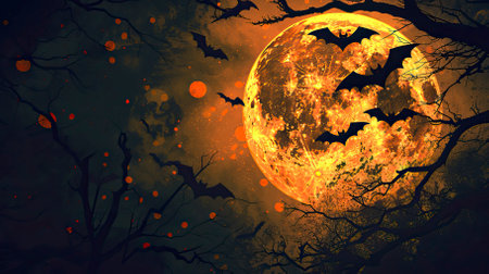 Halloween background with full moon, bats and trees. Vector illustration.