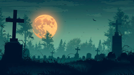 Halloween background with cemetery and full moon. Vector illustration for your designのイラスト素材