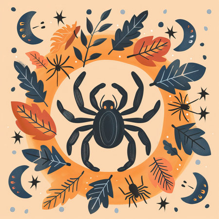 Hand drawn halloween vector illustration with spiders, leaves and crescent.のイラスト素材