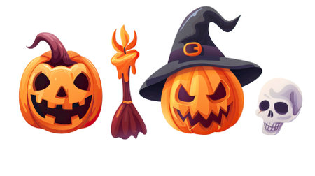 Halloween pumpkins with witch hat, broom, skull and candle. Cartoon vector illustration.のイラスト素材