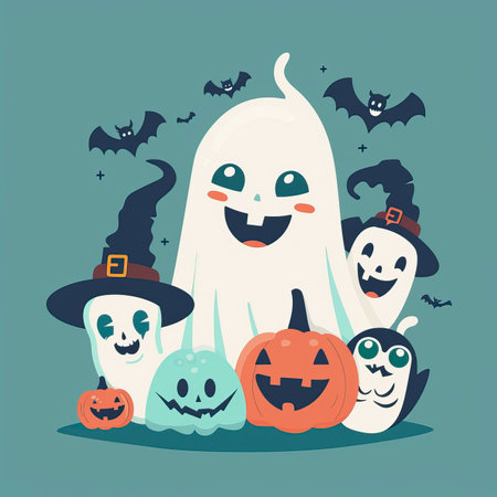 Halloween vector illustration. Cute cartoon ghosts and pumpkins.のイラスト素材