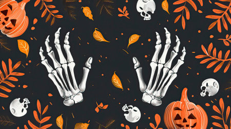 Halloween background with skeleton hand, pumpkins and leaves. Vector illustration.のイラスト素材