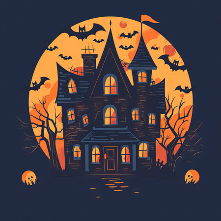 Halloween background with haunted house and bats. Vector Illustration.のイラスト素材