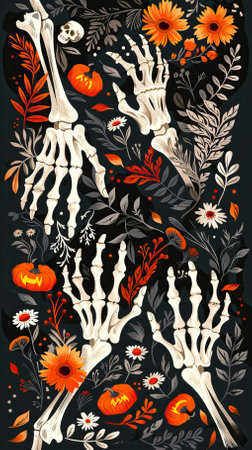 Vector illustration of Halloween skeleton with flowers and pumpkins on dark background