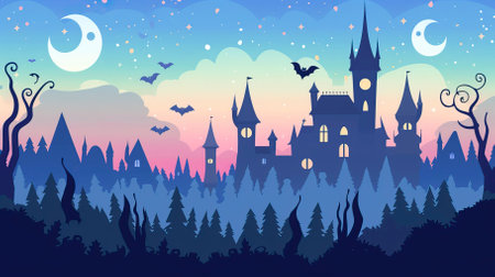 Halloween background with castle and spooky forest. Vector illustration.のイラスト素材