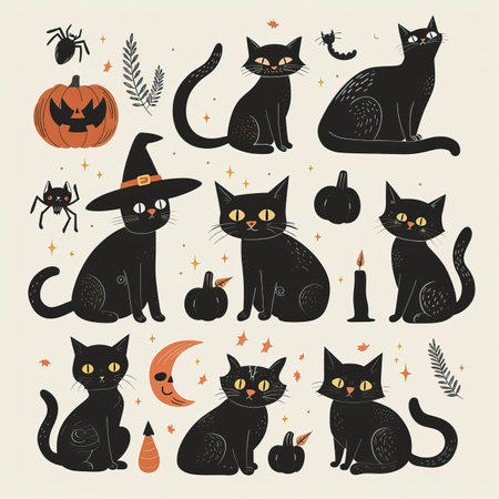 Set of cute black cats in different poses. Halloween vector illustration.のイラスト素材