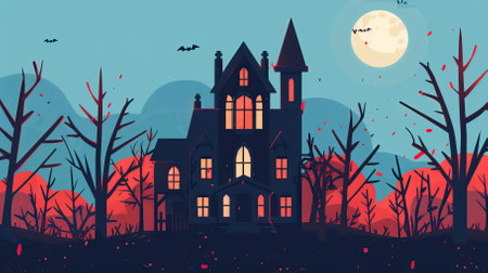 Halloween background with haunted house and full moon. Vector illustration.のイラスト素材