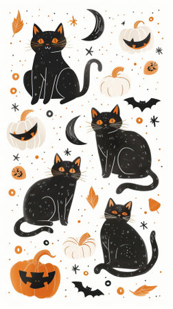 Set of black cats and pumpkins. Cute vector illustration.のイラスト素材