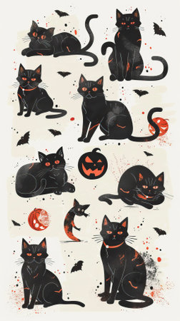 Halloween set of black cats and pumpkins. Vector illustration.のイラスト素材