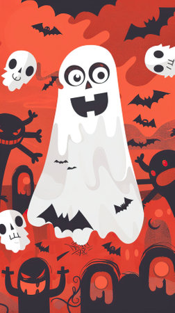 Halloween background with ghost and bats. Vector illustration for your designのイラスト素材