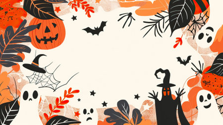 Halloween background with pumpkin, ghost, spider, bats and autumn leaves. Vector illustration.のイラスト素材