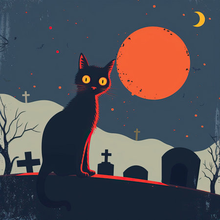 Halloween background with black cat, moon and cemetery. Vector illustration.のイラスト素材
