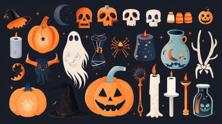 Halloween vector set of pumpkins, candles, candlesticks, skull, ghost, witch hat and other objects.のイラスト素材
