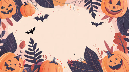 Halloween background with pumpkins, bats and leaves. Vector illustration.のイラスト素材