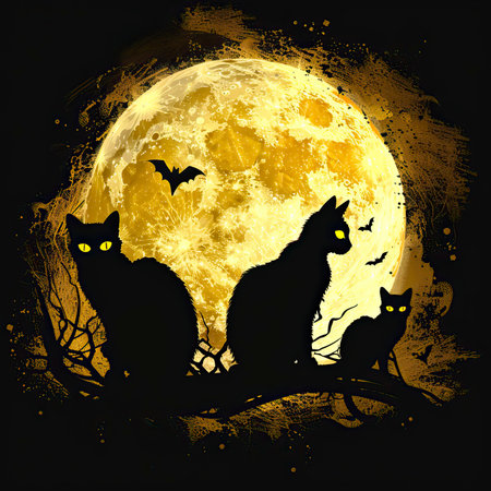Halloween background with black cats on tree and full moon vector illustrationのイラスト素材