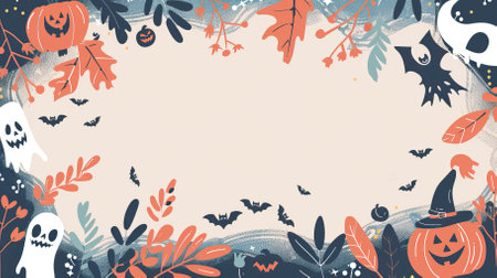 Halloween banner with pumpkins, ghosts, leaves and bats. Vector illustration.のイラスト素材